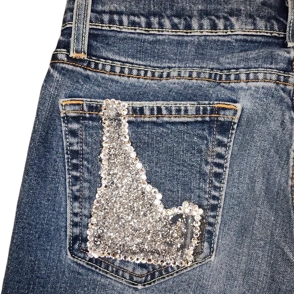 ​VTG Old Navy Y2K Lace Flare Jeans Bedazzled Idaho Star Size 8 Long Custom - Picture 9 of 12